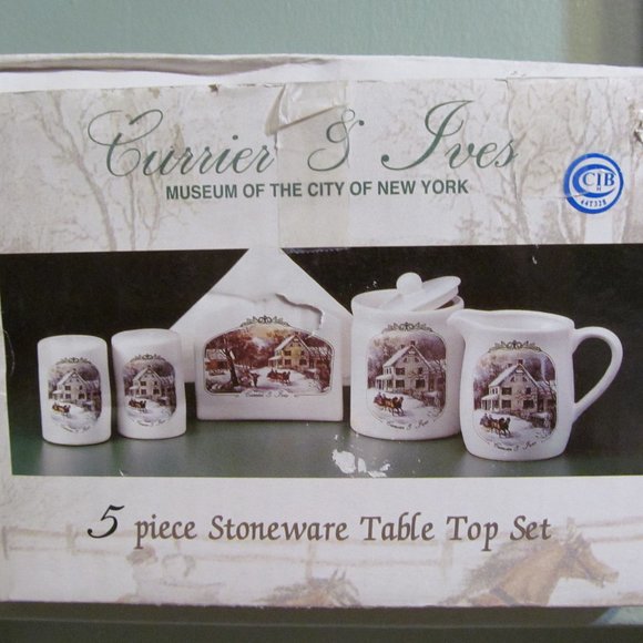 Currier & Ives 5 pc Stoneware Table Top Set American Homestead Winter MCNY - Picture 3 of 16